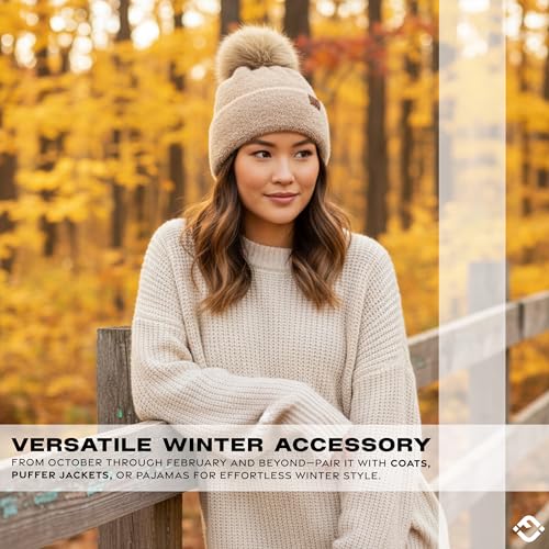 Funky Junque Beanie for Women Ultra Soft Chenille Faux Fur Pom Pom Winter Hats Warm Ski Cap Fashion - color: Beige