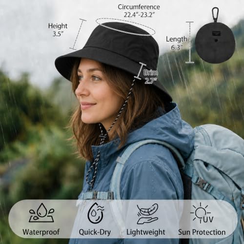 Packable Sun Bucket Hat for Women Men Wide Brim Outdoor Hiking Hat - color: Black