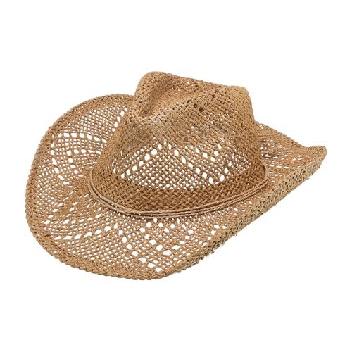Straw Cowboy Cowgirl Hats for Women Men Shapeable Short Brim Beach Hat Western Sun Hats for Rodeo Country Party - color: Khaki