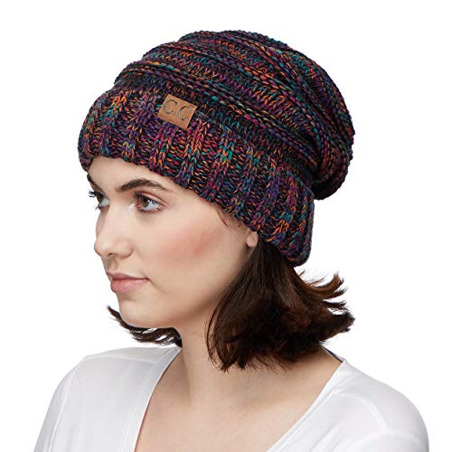 C.C Hat-100 Oversized Baggy Slouch Thick Warm Cap Hat Skully Cable Knit Beanie - color: Black Multi