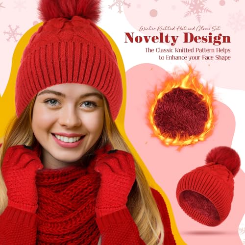 Womens Winter Fleece Lined Knitted Beanie Hat Glove Set, Warm Pom Pom Beanie Knit Cap Touchscreen Gloves for Women - color: Wine Red