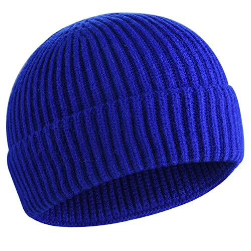50% Wool Knit Short Fisherman Beanie for Men Women Warm Winter Hat - color: #Blue