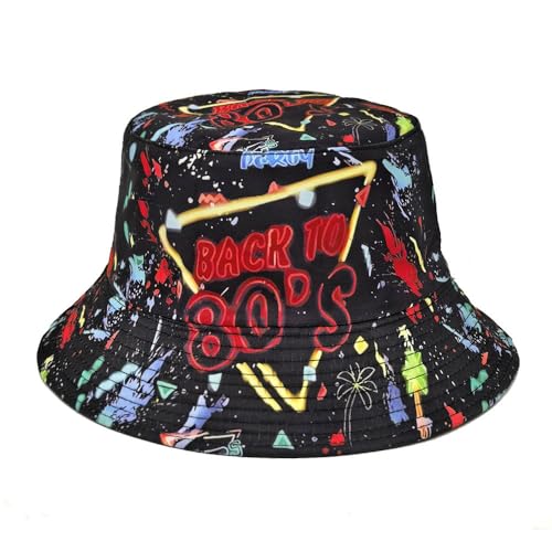 Quanhaigou Bucket Hat for Men Women,Packable Reversible Printed Sun Hats,Fisherman Outdoor Summer Travel Hiking Beach Caps - color: Back to 80s
