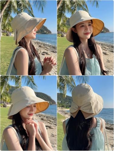 Women Bowknot Wide Brim UPF50+ Foldable Travel Beach Sun Hat - color: Cream Beige
