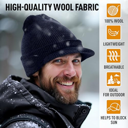 Genuine G.I. Winter Beanie Cap with Visor, 100% Knitted Wool, Double-Layer Winter Hat, Made in USA - color: Navy