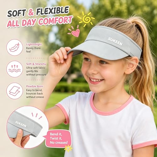 Sukeen Kids Sun Visor Hat for Girls Boys UPF50+ Lightweight Cooling Stretchable Packable Sun Hat - color: Light Grey