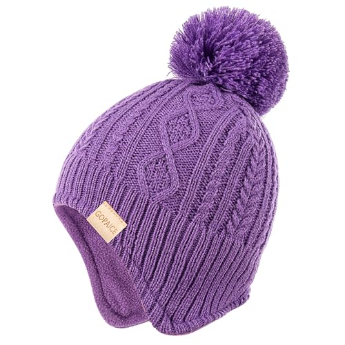 Kids Winter Beanie Hat and Scarf Set with Pom Pom for Girls, Children's Thick Ski Cap with Earflap Fleece Lined Hat 3-9 Years - color: Purple