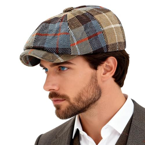 Men's Faux Woolen Tweed Plaid Ivy Cabbie Gatsby Newsboy Golf Paperboy Hat Cap - color: Khaki