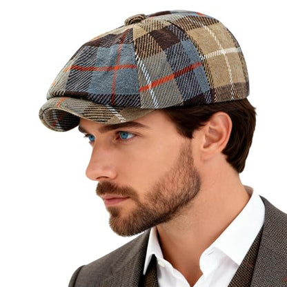 Men's Faux Woolen Tweed Plaid Ivy Cabbie Gatsby Newsboy Golf Paperboy Hat Cap - color: Khaki