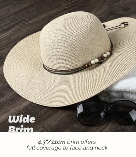 Womens Floppy Straw Sun Hat Wide Brim UPF 50 Sun Protection Packable Summer Beach Hats with Wind Lanyard - color: Beige, size: Medium