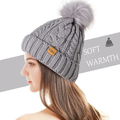 REDESS Women Winter Pompom Beanie Hat with Warm Fleece Lined Thick Slouchy Snow Knit Hat Skull Ski Cap - color: New Light Gray