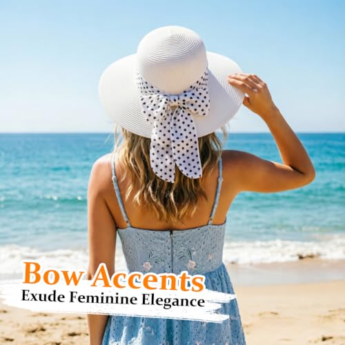 DRESHOW Sun Hats for Women Summer Wide Brim Beach Straw Hat Bowknot Bucket Hats Foldable Floppy Beach Sun Hat UPF 50+ - color: 1 Pack Polka Dot Bowknot Ribbon Hat: White