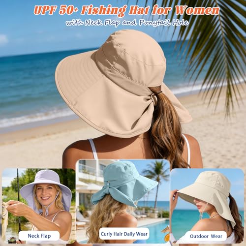 Ruqizhi Sun Hats for Women with Neck Flap Ponytail Hole Women Sun Hats Rollable UV Protection Fishing Hats Wide Brim UPF 50+ - color: Khaki