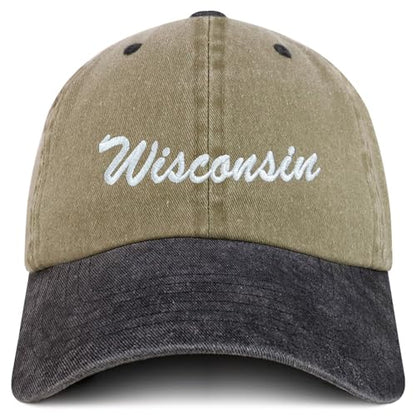 Trendy Apparel Shop Wisconsin State Embroidered Low Profile Adjustable Cotton Cap - color: Khaki Black