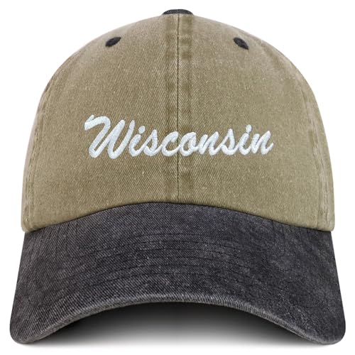 Trendy Apparel Shop Wisconsin State Embroidered Low Profile Adjustable Cotton Cap - color: Khaki Black