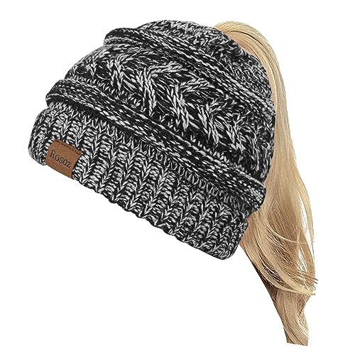 Rosoz 2 Pack Ponytail Beanie for Women,Winter Warm Beanie Tail Soft Stretch Cable Knit Messy High Bun Hat - color: 1pack-black&white Mix