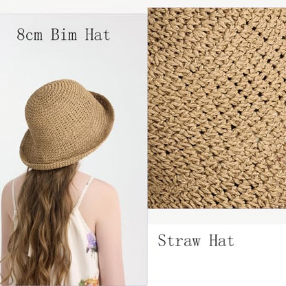 Women Straw Sun Hat Summer Beach Hats Foldable Floppy Cap Wide Brim Bucket Hat Solid Handmade Sun Protection Caps - color: Beige-brim3.1"