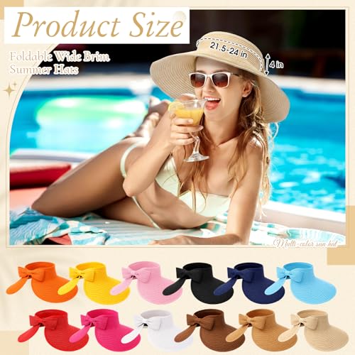 12 Pcs Colorful Sun Visors Straw Hats for Women Wide Brim Beach Hat Foldable Multicolor Ponytail Summer Floppy Vacation Cap UPF Protection Top Visors for Outdoor Activities