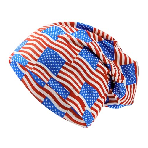 Zando Slouchy Dwarf Beanie Hats for Women Men - Breathable Cozy Cotton Sleep Cap Thin Chemo Headwear for Hip-Pop Halloween - color: Amercian Flag