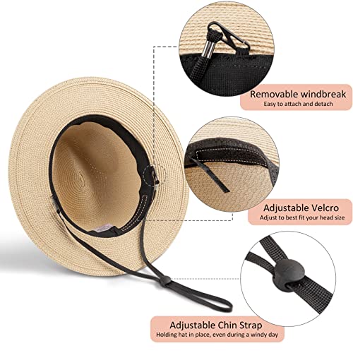 DRESHOW Women Straw Panama Hat Travel Fedora Beach Sun Hat Summer Wide Brim Straw Roll up Hats UPF 50+ - color: Beige Hat With Cream Band a