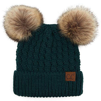 C.C Hatsandscarf Exclusives Cable Knit Double Pom Winter Beanie (HAT-2055)(HAT-23) - color: Deep Pine-natural Pom