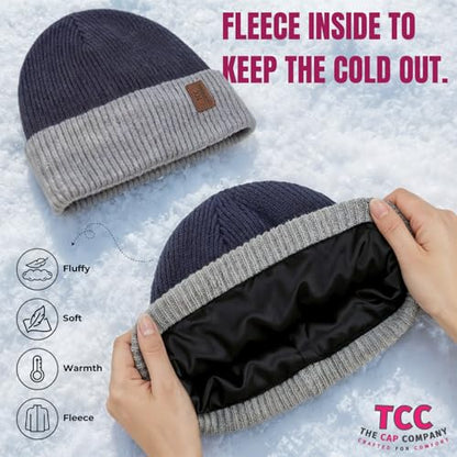 Beanie Fleece Lined Soft for Men Women | Winter Hats Warm Double Layered Stylish Knited Cuffed Plain Beanie Skull Cap | - color: A12- Blue/Grey