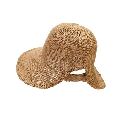 Women's French Crochet Sun Hat Floppy-Brim Straw-Bonnet-Cap Ponytail-Beach-Hats Hook-Loop-Fastener