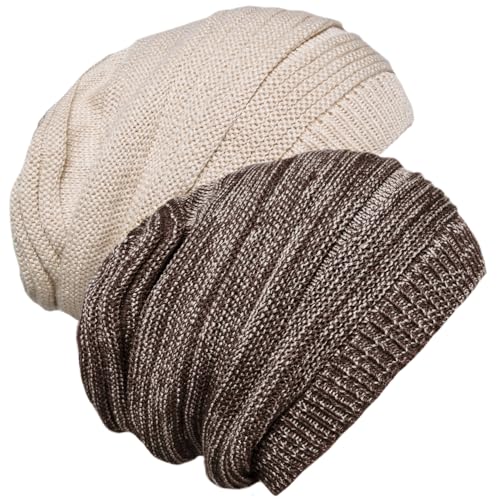 Senker Fashion 2 Pack Winter Beanie Hats for Women, Womens Slouchy Beanies - color: Off White Brown