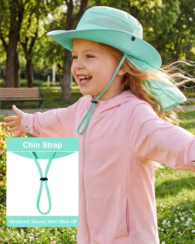 Century Star Kids Sun Hat with Ponytail Hole & Detachable Neck Flap UPF50+ Quick Dry Girls Bucket Hat for Outdoor Beach - color: Lake Blue