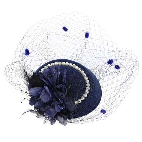 Fascinator Pillbox Hat for Women, Feather Flower Pearls Hair Headwear Veil - color: Navy Blue