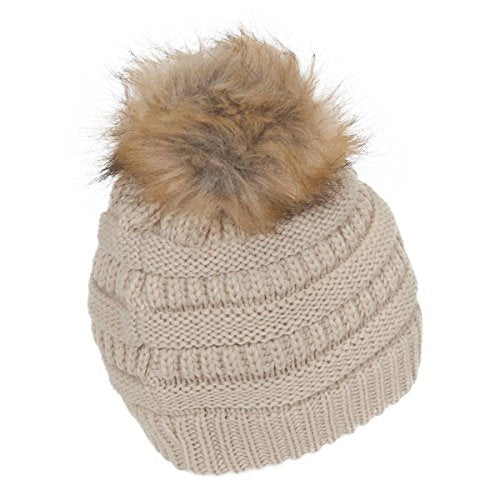 Gravity Threads Cable Knit Faux Fur Pom Pom Beanie Hat - color: Beige