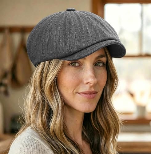 DIYDECAL Mens Newsboy Cap 8 Panel,Cotton Blend Flat Ivy Gatsby Cabbie Golf Hat - color: Dark Grey