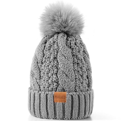Women's Winter Pompom Beanie Warm and Cozy Knit Hat Fleece Lining Skull Cap for Women - color: Grey
