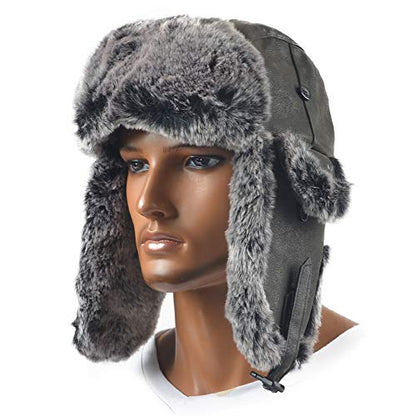 Janey&Rubbins Russian Hat Fur Soviet Ushanka Cossack Winter Cap Earflap Snow Ski Headwear - color: Black/Leather, size: Medium