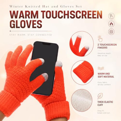 Womens Winter Fleece Lined Knitted Beanie Hat Glove Set, Warm Pom Pom Beanie Knit Cap Touchscreen Gloves for Women - color: Orange