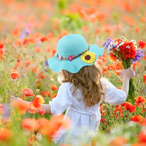 Girls Straw Hat with Flower Round Sunglasses, Summer Foldable Large Brim Sunflower Bowknot Beach Toddler Straw Sun Hat, 2-6T - color: Blue