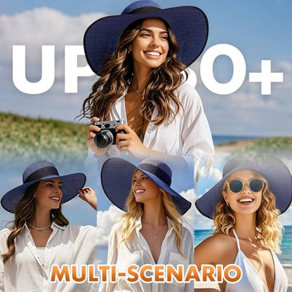 Barelove Sun Straw Hat Wide Brim Shape Hat with UPF 80+, Packable Foldable Floppy Summer Beach Hat for Women Men - color: Navy Blue - Wide Wrap