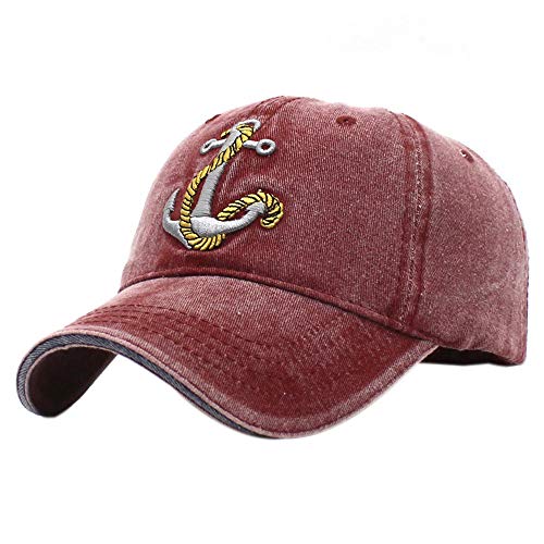Anchor Embroidered Cotton Washed Dad Hat Distressed Retro Baseball Hat - color: Red