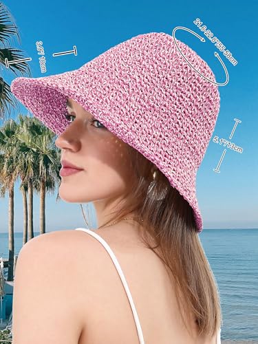 sy soul young Women's Straw Sunhat Wide Brim Hand Woven Beach Bucket Hat - color: Beige & Hot Pink