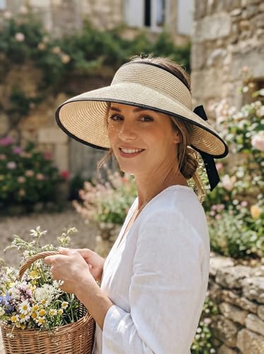 Sun Visor Hat for Women Wide Brim Ponytail Straw Hat UV UPF Summer Beach Vacation Packable Foldable Travel - color: Beige