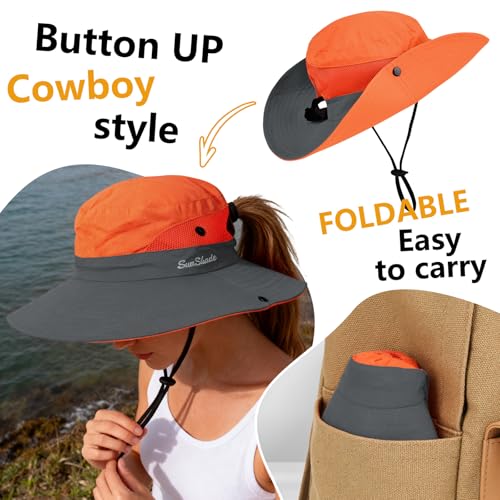 ZOORON Women's Ponytail Safari Sun Hat,Wide Brim UV Protection Bucket Hat - color: 2-black+orange