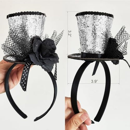 WLBON Halloween Mini Top Hat Headband 1920s Flower Sequins Hair Hoops Bands Fascinator Headpiece Hairband Women Christmas Holiday Festival Parade Cosplay Dress Up Birthday Tea Party Accessories Silver - color: Silver Tone