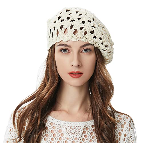 ZLYC Women Cotton Slouchy Crochet Beret Handmade Cutout Floral Beanie Hat - color: Beige