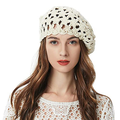 ZLYC Women Cotton Slouchy Crochet Beret Handmade Cutout Floral Beanie Hat - color: Beige