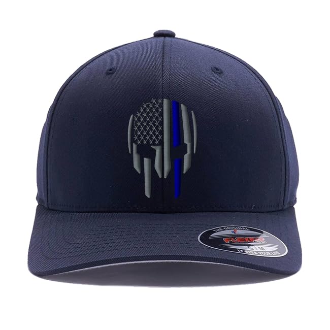 G&B Red Thin Red/Blue Line Spartan Helmet & Distressed Skull Flex Baseball Cap. Embroidered. 6277/6477 Flex Baseball Hat - color: Dark Navy, size: Small-Medium
