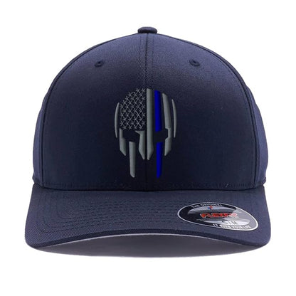G&B Red Thin Red/Blue Line Spartan Helmet & Distressed Skull Flex Baseball Cap. Embroidered. 6277/6477 Flex Baseball Hat - color: Dark Navy, size: Small-Medium