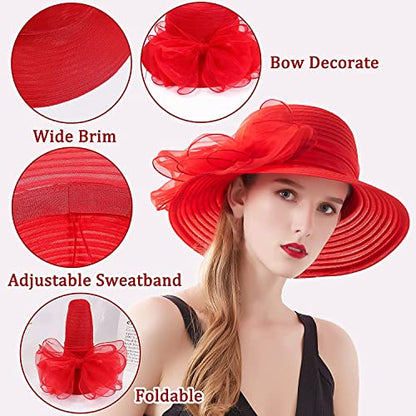 Women's Kentucky Derby Church Dress Hat Wide Brim Leaf Flower Bridal Shower Hat - color: 01 Red