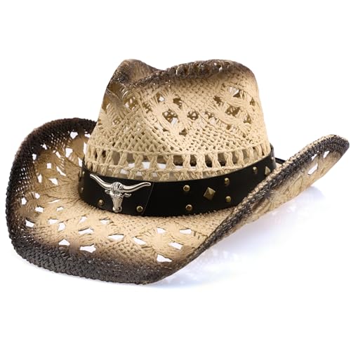 WQWOVRVO Cowboy Hat,Cowgirl Hat,Cowboy Hats for Women/Mens/Straw Wide with Shapeable Brim Cowboy Hat for Womens/White/Black. - color: Almond & Coffee Color