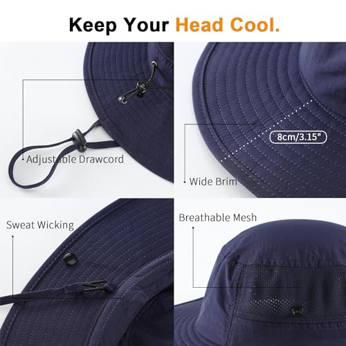 Home Prefer UPF50+ Mens Sun Hat Wide Brim Womens UV Protection Beach Bucket Hat for Fishing Hiking Snap Up Cowboy Hat - color: Navy Blue