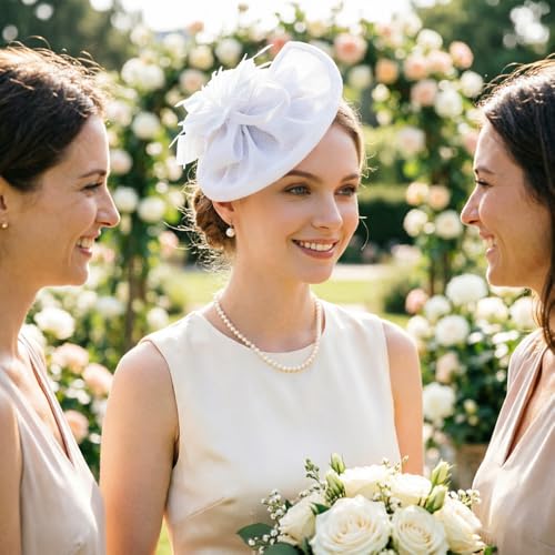 DRESHOW Fascinators Hat Feather Headband Women's Fascinators Tea Party Headwear with Clip Flower Head Band for Girls & Women - color: Medium Size: White